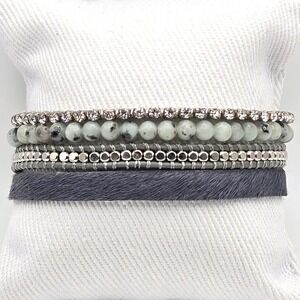 Victoria Emerson Boho Multi-Strand Bracelet Grey Leather Hide Hair Stone Crystal